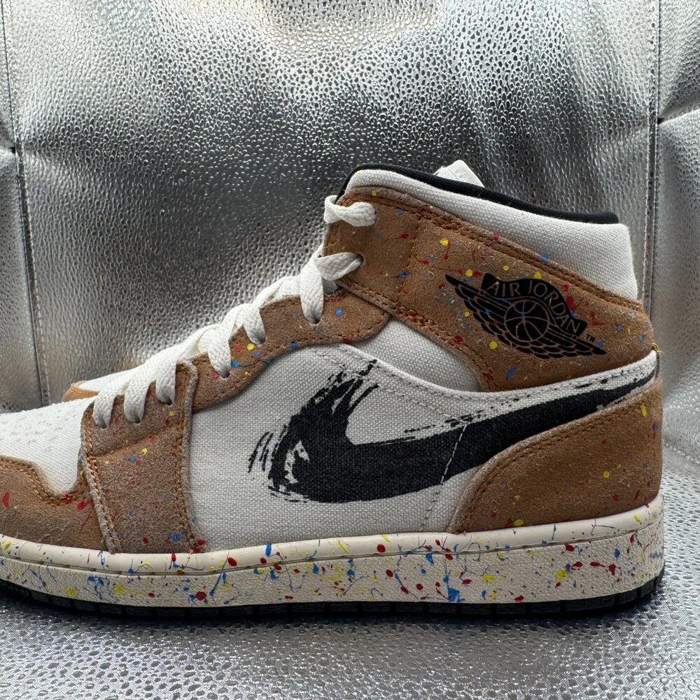 Size 10 Air Jordan 1 SE Mid Mens Black White Brushstroke Paint Shoes DA8005-100 - Picture 7 of 12